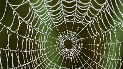 Dew drops sparkle on intricate spider web, a delicate morning masterpiece in nature's design