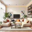 © Full PNG - Serene Living Room: A modern, luminous living area with a comfortable beige sectional sofa, framed by natural light and accented with vibrant plant life and tasteful decor.