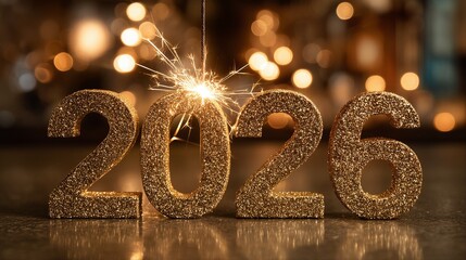 Wall Mural - a glittering golden 2026 display is illuminated by a sparkling firework against a softly blurred festive background.