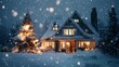© KarpenArt Studio - a warmly lit, snow-covered home with a decorated christmas tree stands amidst a gentle snowfall on a serene winter night.