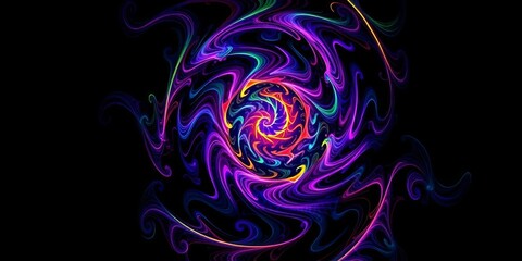 Wall Mural - Intricate swirling neon fractal pattern, vibrant hues on black,  curves,  texture