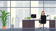 © Perfect Vector - professional woman working at office desk with computer modern workspace indoor plants large window business environment flat design vector illustration