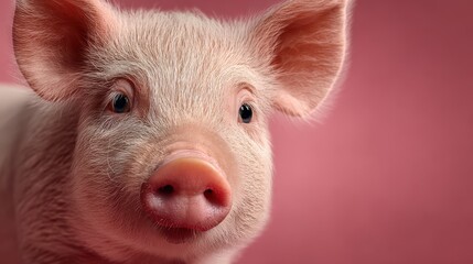cute young pig looking directly at the viewer with a soft expression against a pink background