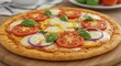 © Studio Stock Noerul - A closeup overhead view of a freshly baked pizza with vibrant toppings on a wooden board