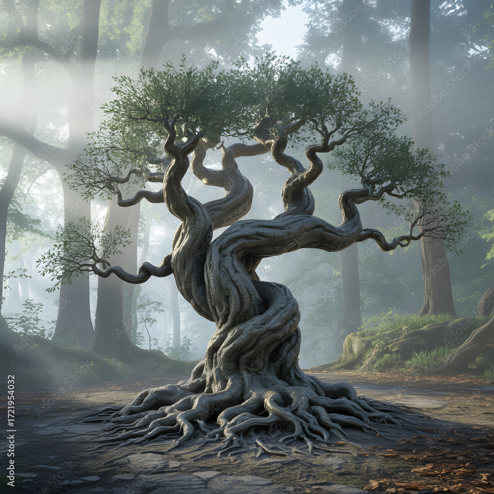 Mystical ancient tree with gnarled roots and branches in enchanted ...