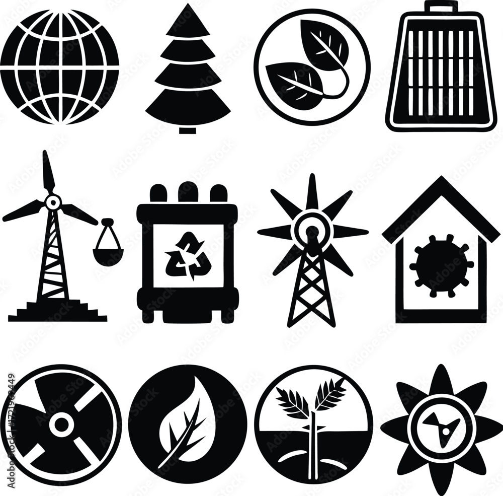 Collection of environmental and renewable energy icons including earth ...