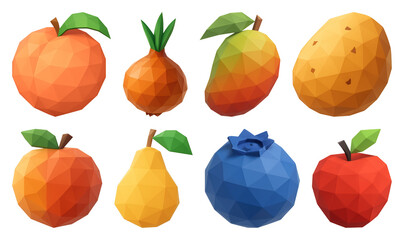 Wall Mural - PNG Colorful low-poly geometric fruits, element set on transparent background