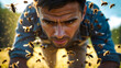 © Bernd Schmidt - Man with a distressed expression, short dark hair, and medium brown skin, surrounded by a swarm of hundreds of bees in mid-air generative AI