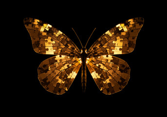Golden Butterfly Constructed from Puzzle Pieces on Black Background.