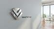 © yati - A metallic 3D logo mockup is displayed on a light gray wall in a modern office setting, with text indicating 'Upload Your Logo'.