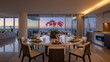 © shah - Elegant dining room set for a formal meal with a stunning ocean view at sunset.