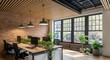 © ShazilStock - Modern Office Space with Brick Wall, Wood Ceiling, Green Lamps, Plants, and Large Windows, Creating a Bright and Natural Workspace