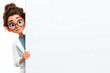 © Zoran Karapancev - 3D illustration of a young female doctor with eyeglasses wearing a white coat, holding a blank white poster for copy space, isolated on a clean white background
