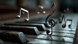 Artystyczny obraz klawiatury fortepianu z unoszącymi się metalicznymi nutami i kluczem wiolinowym, oddający ducha muzyki.