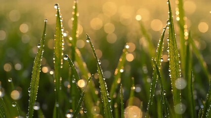 Wall Mural - ultra close-up handheld shot of sparkling dew drops on green grass, catching the first golden light 