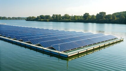 Floating Solar Panel Array on Calm Lake Waters Harnessing Renewable Energy and Sustainable Power Generation for a Cleaner Environment