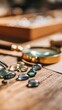 © Matthew - Close-up of assorted gemstones and a magnifying glass on a wooden table, with blurred background elements