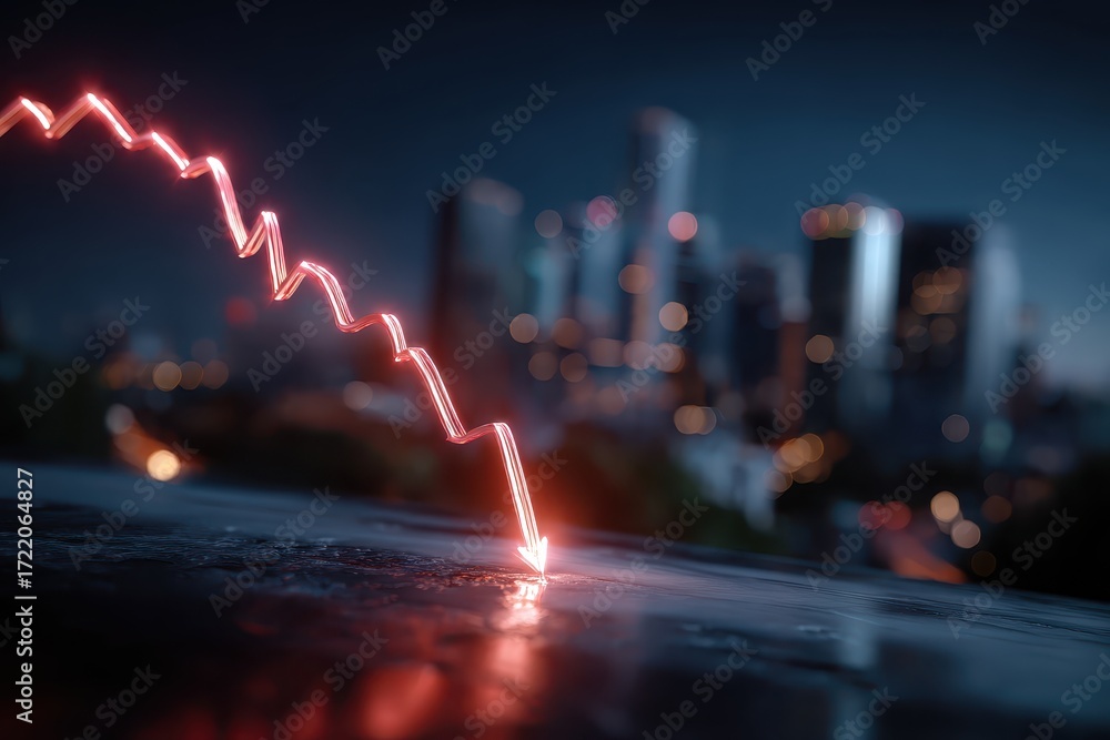 Glowing red line graph illustrates financial downturn with city skyline ...