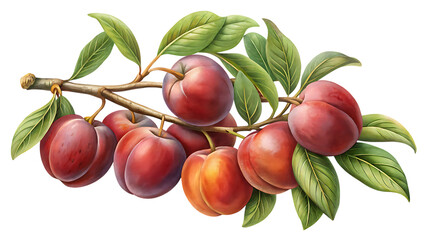 Watercolor illustration of a branch with fresh red plum fruits isolated on transparent background botanical illustration