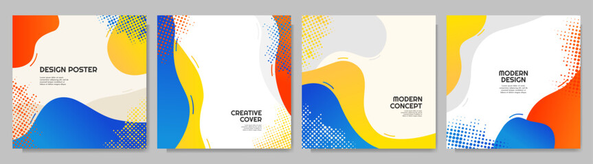 Canvas Print - Vector illustration. Banner template. Geometric gradient fluid shapes and lines. Design elements for social media banner, blog post template. Trendy abstract colorful background with halftone dots