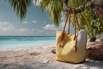 Wall Mural - Summer vacation accessories bag awaits on tropical beach sands under clear blue skies while palm trees sway in the warm breeze
