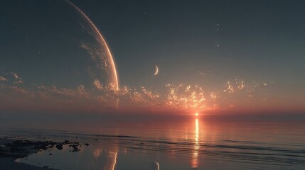 Wall Mural -   A stunning sunset with a rocket in the sky, the sun's reflection shimmering on the water in the foreground