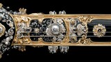 Ornate musical instrument detail intricate gold and silver work on black