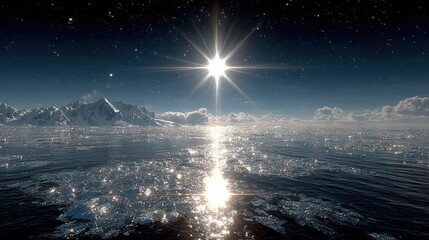 Wall Mural -   Sun illuminates ocean, reflecting on water before mountain range