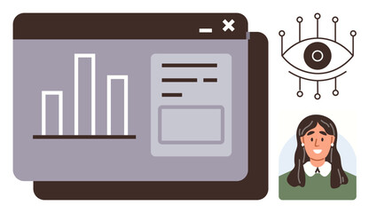 Wall Mural - Bar chart on web interface, user portrait, stylized eye for data tracking. Ideal for analytics, technology, security, digital identity, AI monitoring user interface privacy. Simple flat metaphor