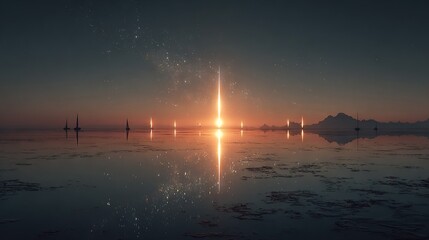 Wall Mural -   A fleet of boats glides on a tranquil water surface beneath a starlit sky
