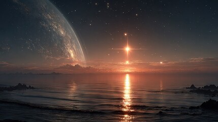 Wall Mural -   Sunrise over the ocean with a cross in the middle and a distant planet