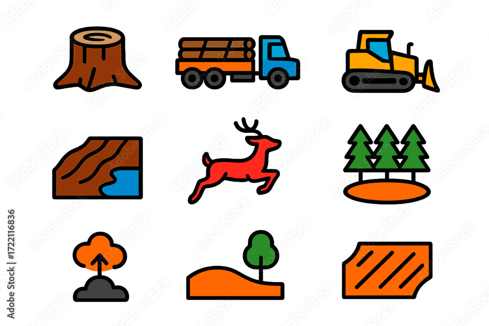 Deforestation Impact Icons. Flat vector icons of deforestation impacts ...