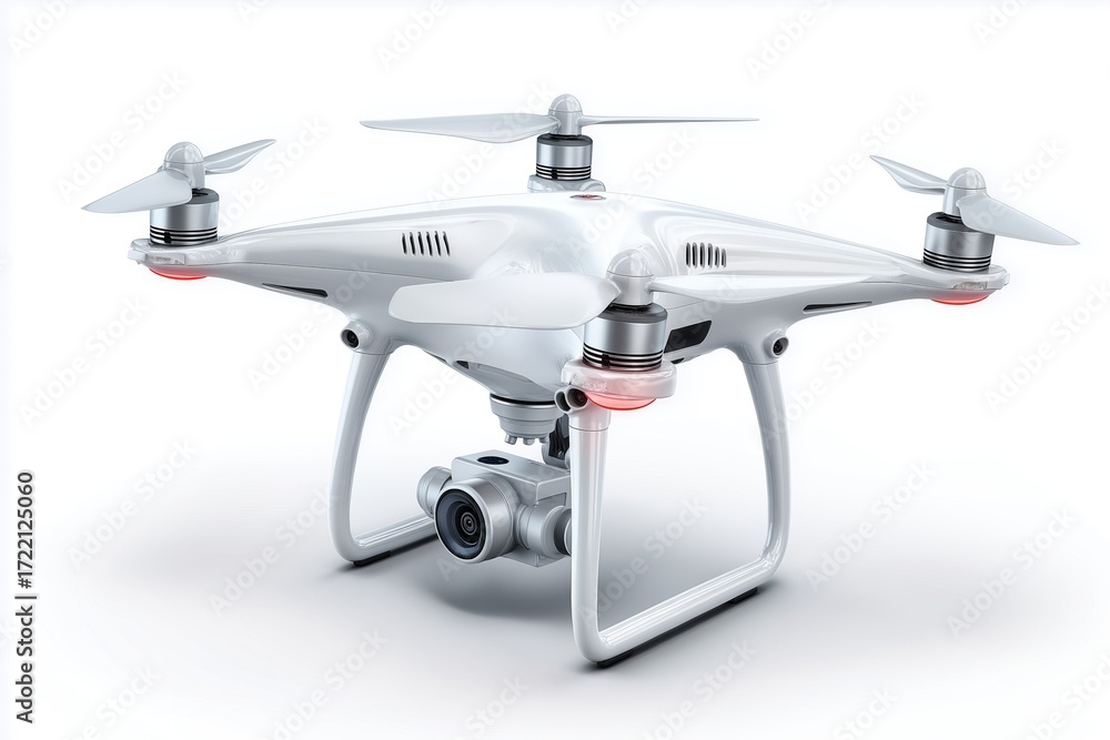 White quadcopter drone with camera isolated on white background ...