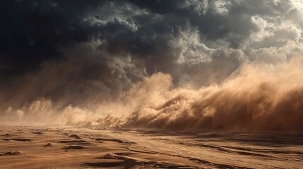 Wall Mural -   A crowd of clouds high in the sky over a sandy field with a dirt road in the foreground and a person on a surfboard in the front