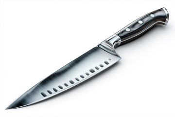 Modern stainless steel chef knife with perforated blade and metallic handle isolated on white background symbolizing cooking utensil and culinary equipment, Generative AI