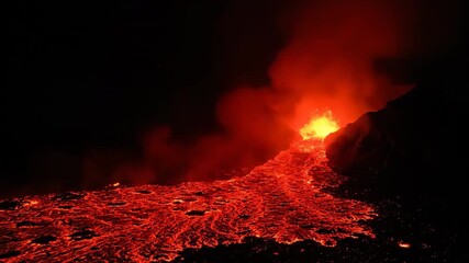 Wall Mural - Fiery red-orange lava slowly flows down a volcanic slope at night, illuminating the darkness in a dramatic timelapse earth, time, geology