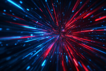 Wall Mural - A dynamic explosion of neon lines and particles. An abstract background for a banner or wallpaper. Bright blue and red glowing rays spreading in all directions. Digital abstract art