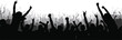 © Momotaj Contributor - Silhouette crowd illustration, raised arms vector, peace and fist gestures, concert energy, public event scene, unity, excitement, black and white art