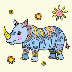  Playful rhino character with decorative patterns and whimsical flowers, perfect for children's books, creative projects, and colorful designs that bring joy and imagination