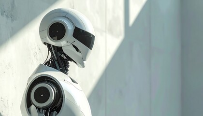 A modern, futuristic robot with a sleek white design, leaning against a textured wall, bathed in light. Minimalist style