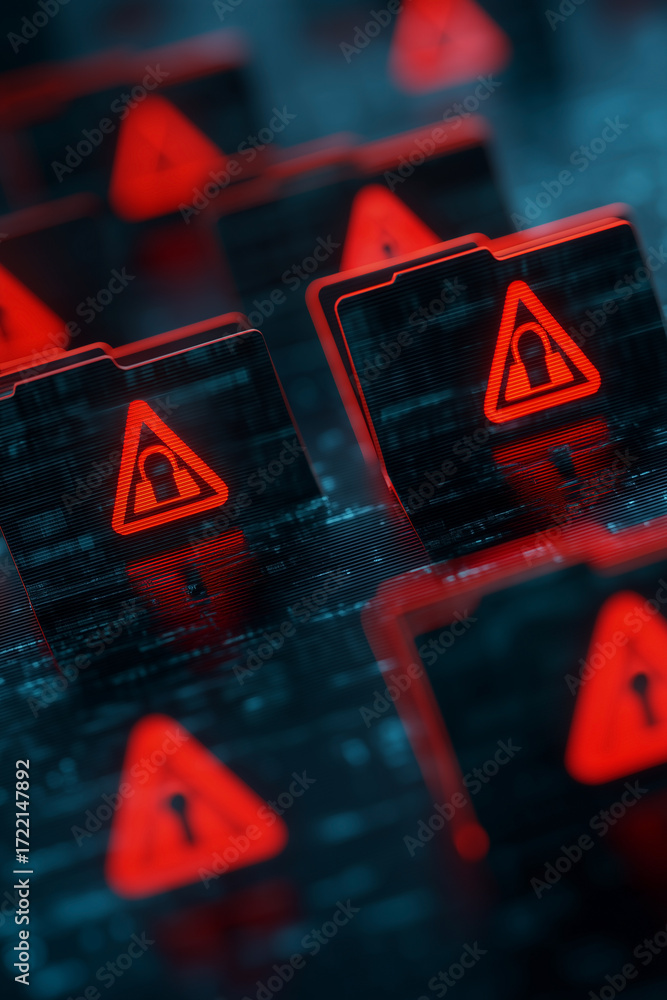 Data Breach Alert: Digital folders displaying a red warning icon ...