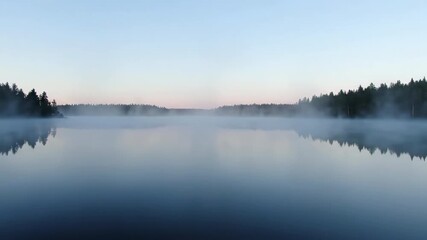 Wall Mural - Dense fog slowly rolls over a calm lake at dawn, transforming the serene landscape in an atmospheric timelapse cold, design, morning