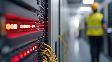 Data center infrastructure with server racks, cabling, and an engineer in the background. Modern network technology and maintenance.