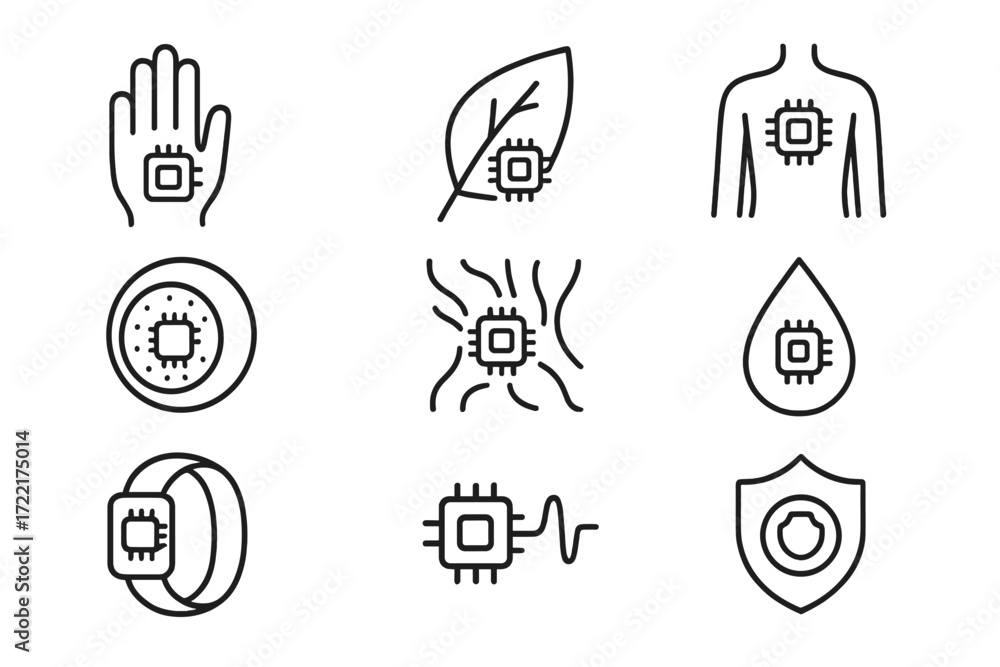 Biocompatible Smart Dust Icons. Line style icons of bio-compatible ...