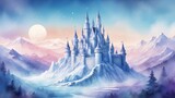 Enchanted ice castle surrounded by mountains in magical landscape  