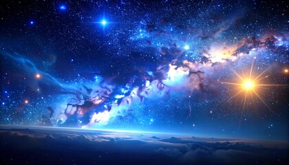 celestial panorama; vibrant nebulae, stars, and a radiant sun above a cloudy planet