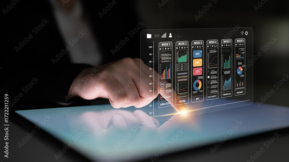 A weekly business performance report and analytics dashboard. A concept for tracking trends, KPIs, financial data, and insights over time. Motif