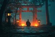 © TobiStocks - A serene figure sits before the torii gate under the dim lights, with the rain subtly falling around them. It embodies the tranquil feeling of meditation, enveloped by the tranquil beauty of nature