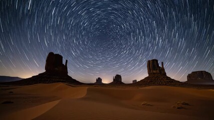 Wall Mural - Mesmerizing time lapse of star trails arching across a clear night sky above a vast, ancient desert landscape, symbolizing the untouched wilderness dunes, tranquil, celestial