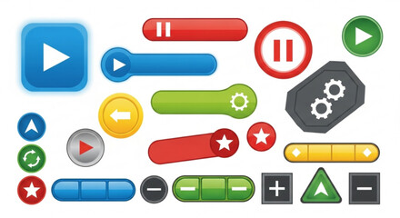 A collection of colorful user interface buttons with various symbols and shapes displayed clearly